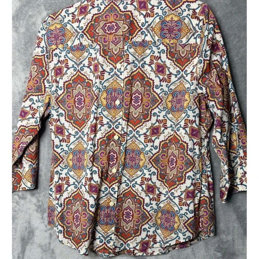 Chicos No-Iron Button Down Shirt 1 Womens M Medallion Paisley 3/4 Sleeve Multi - Picture 5 of 7